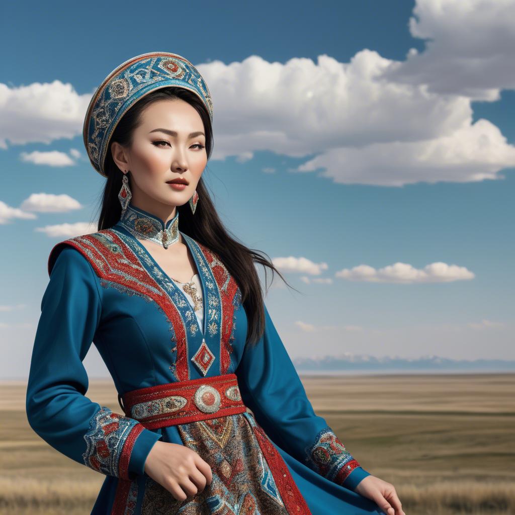 A stunning image of kazakh muse donning a modernized national dress photographed against vast steppe panoramas.