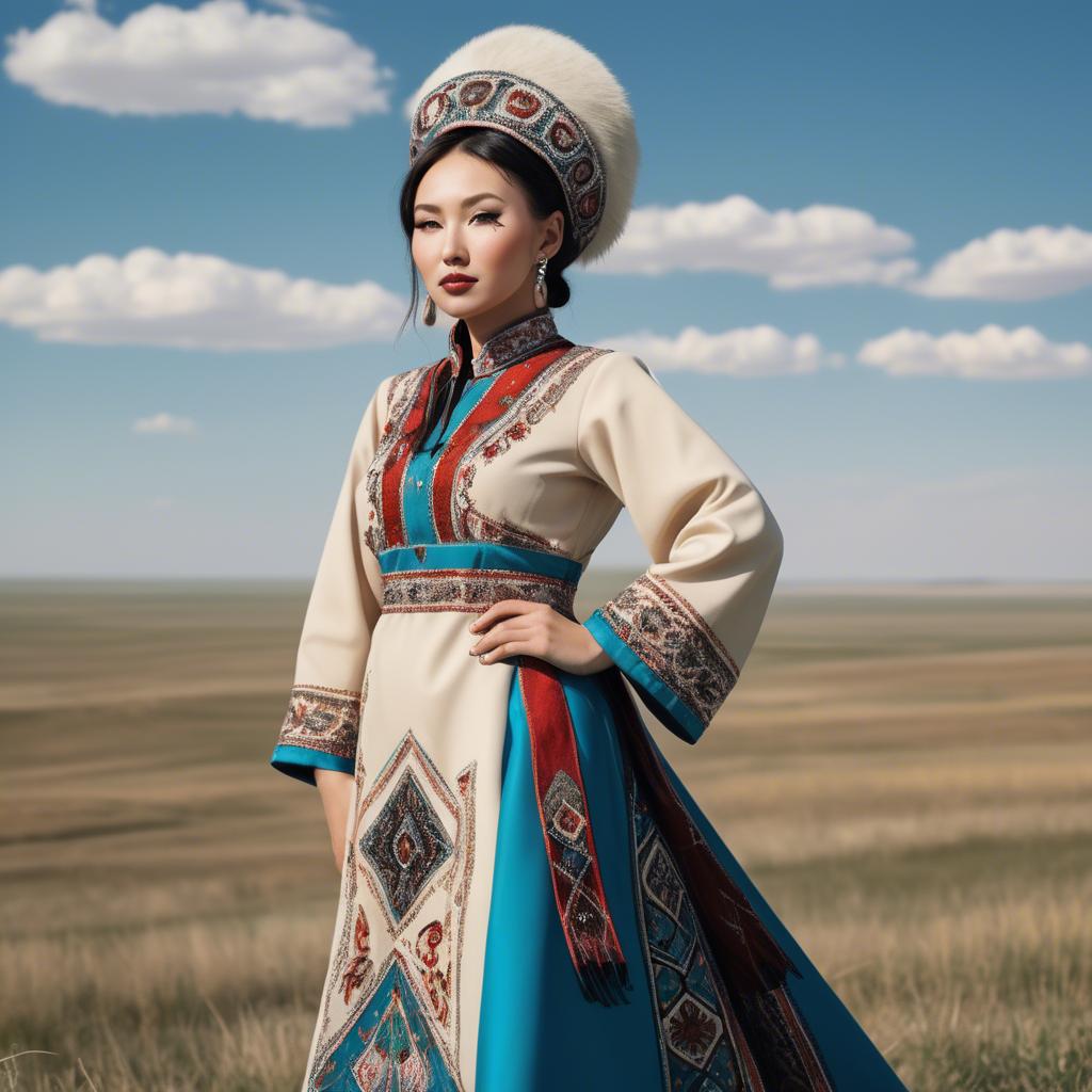 A stunning image of kazakh muse donning a modernized national dress photographed against vast steppe panoramas.