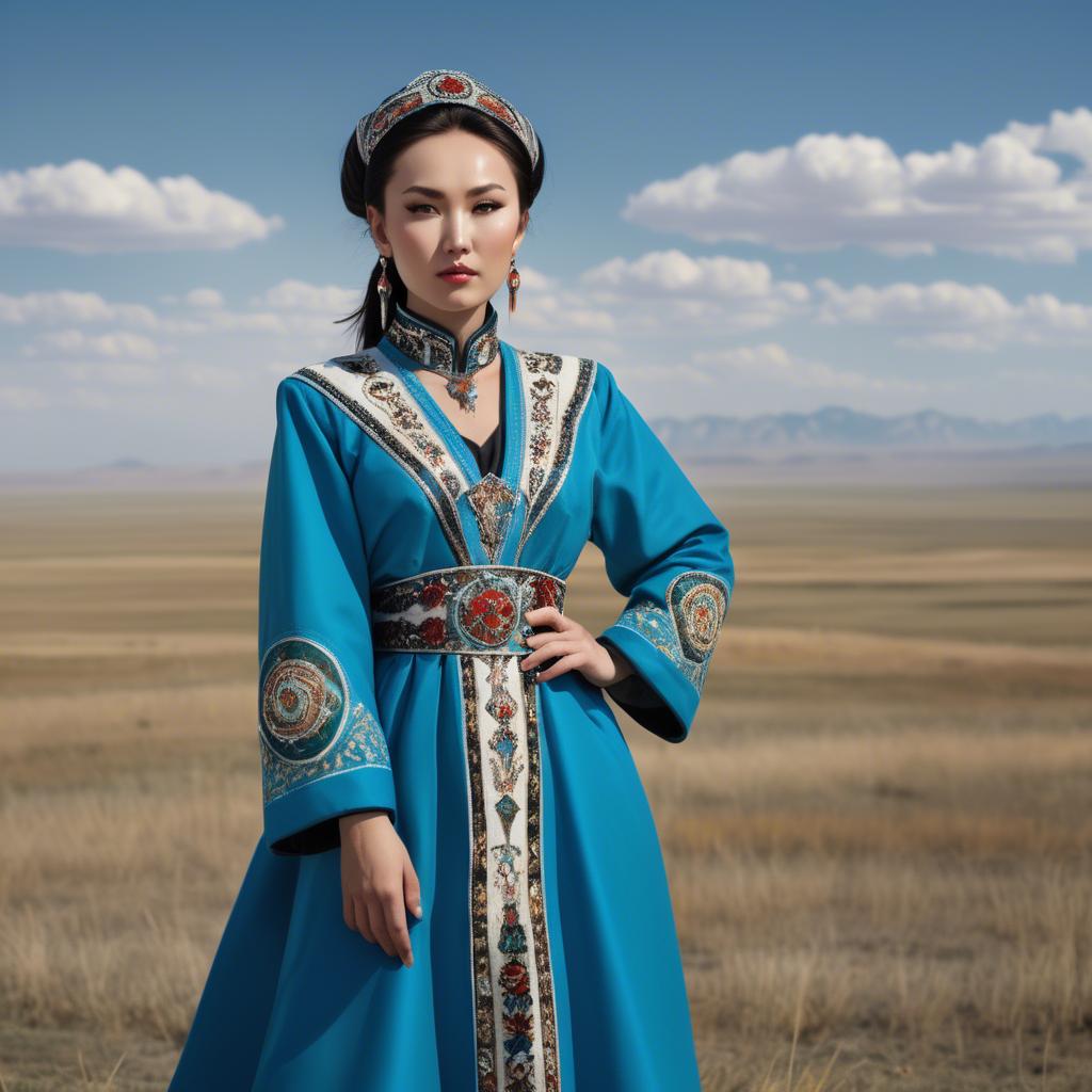 A stunning image of kazakh muse donning a modernized national dress photographed against vast steppe panoramas.