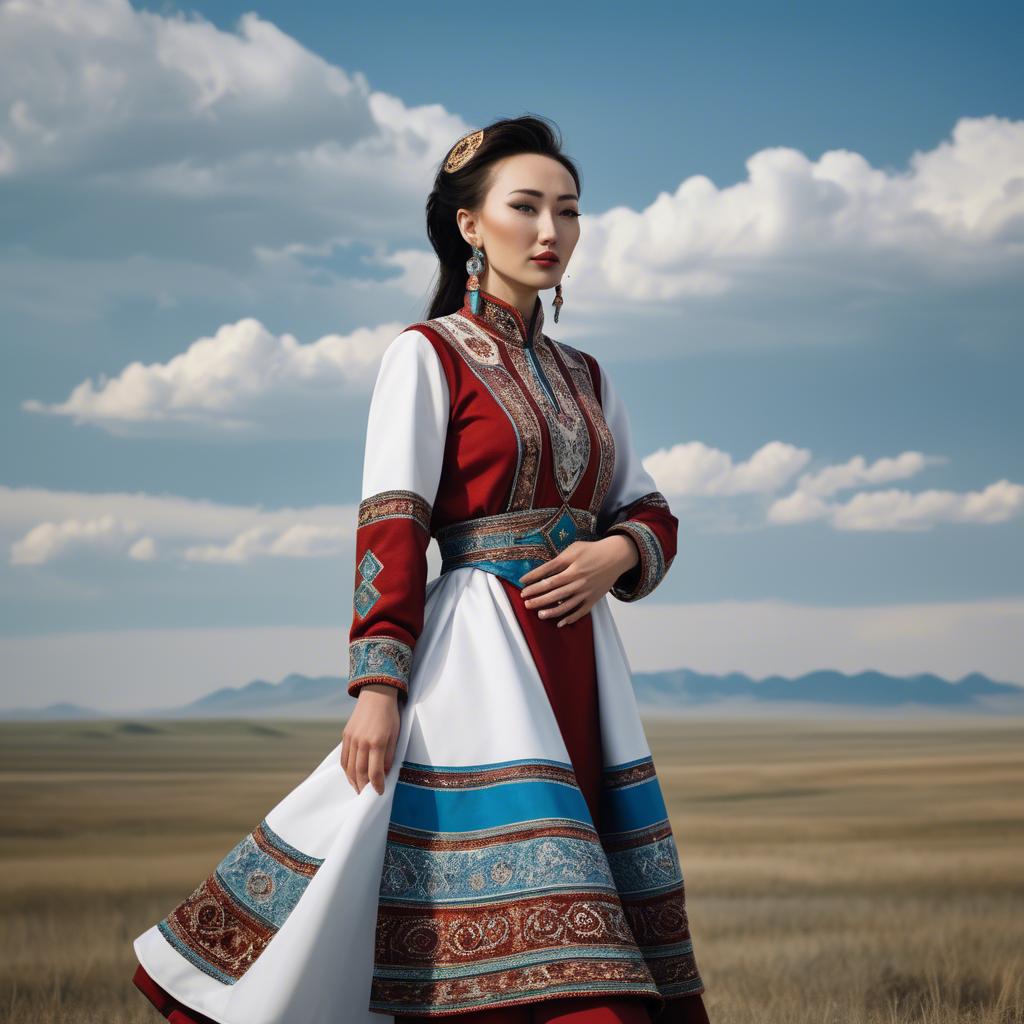 A stunning image of kazakh muse donning a modernized national dress photographed against vast steppe panoramas.
