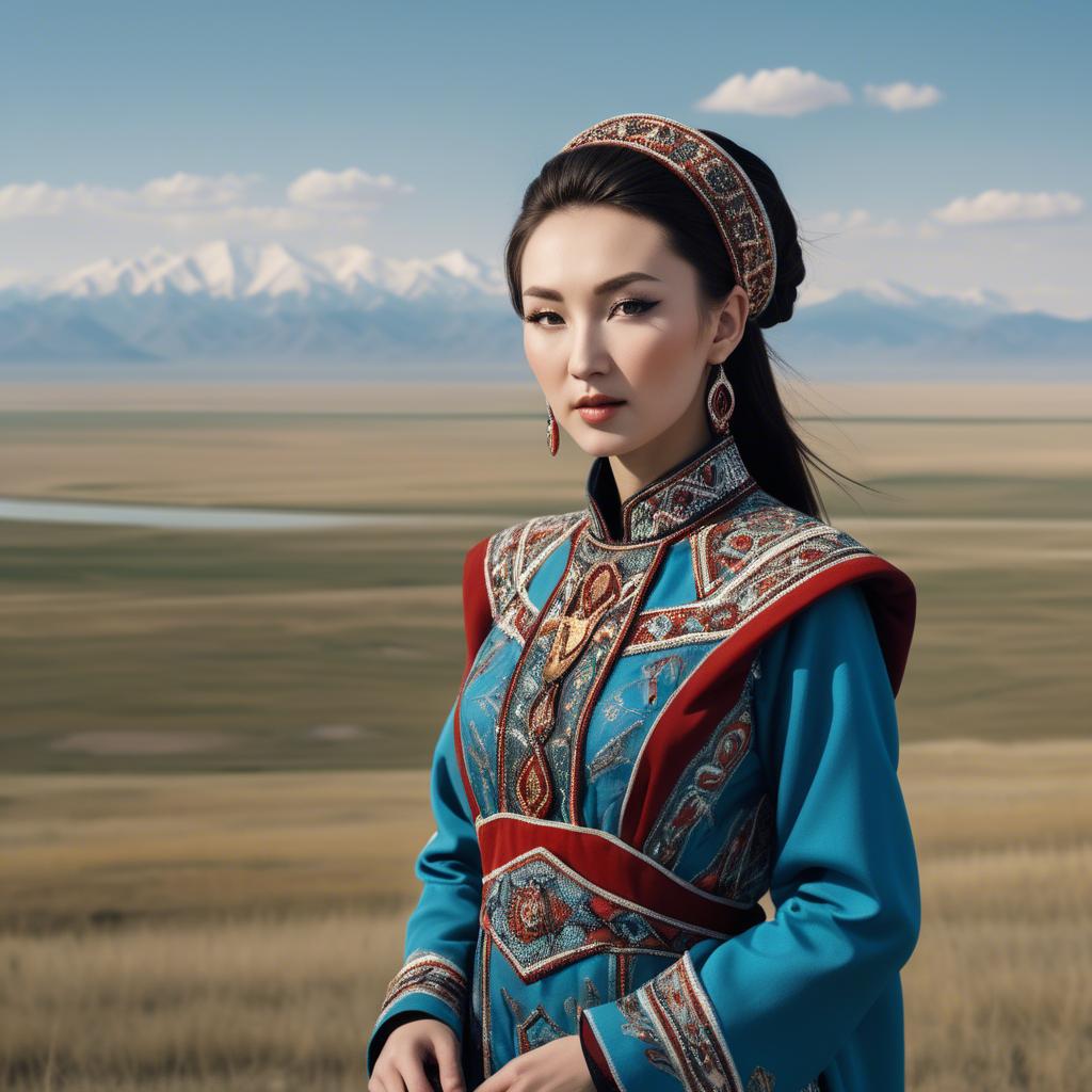 A stunning image of kazakh muse donning a modernized national dress photographed against vast steppe panoramas.