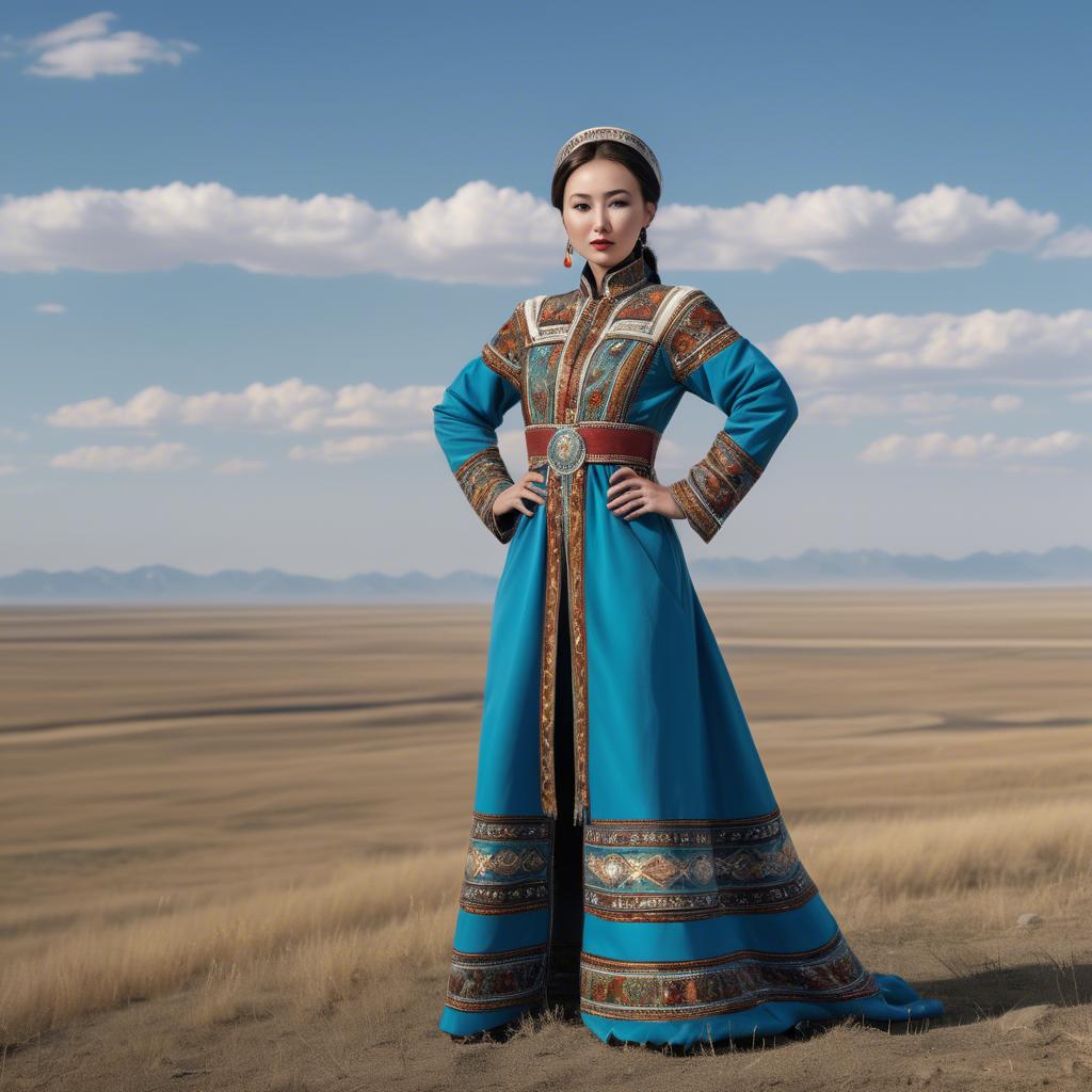 A stunning image of kazakh muse donning a modernized national dress photographed against vast steppe panoramas.