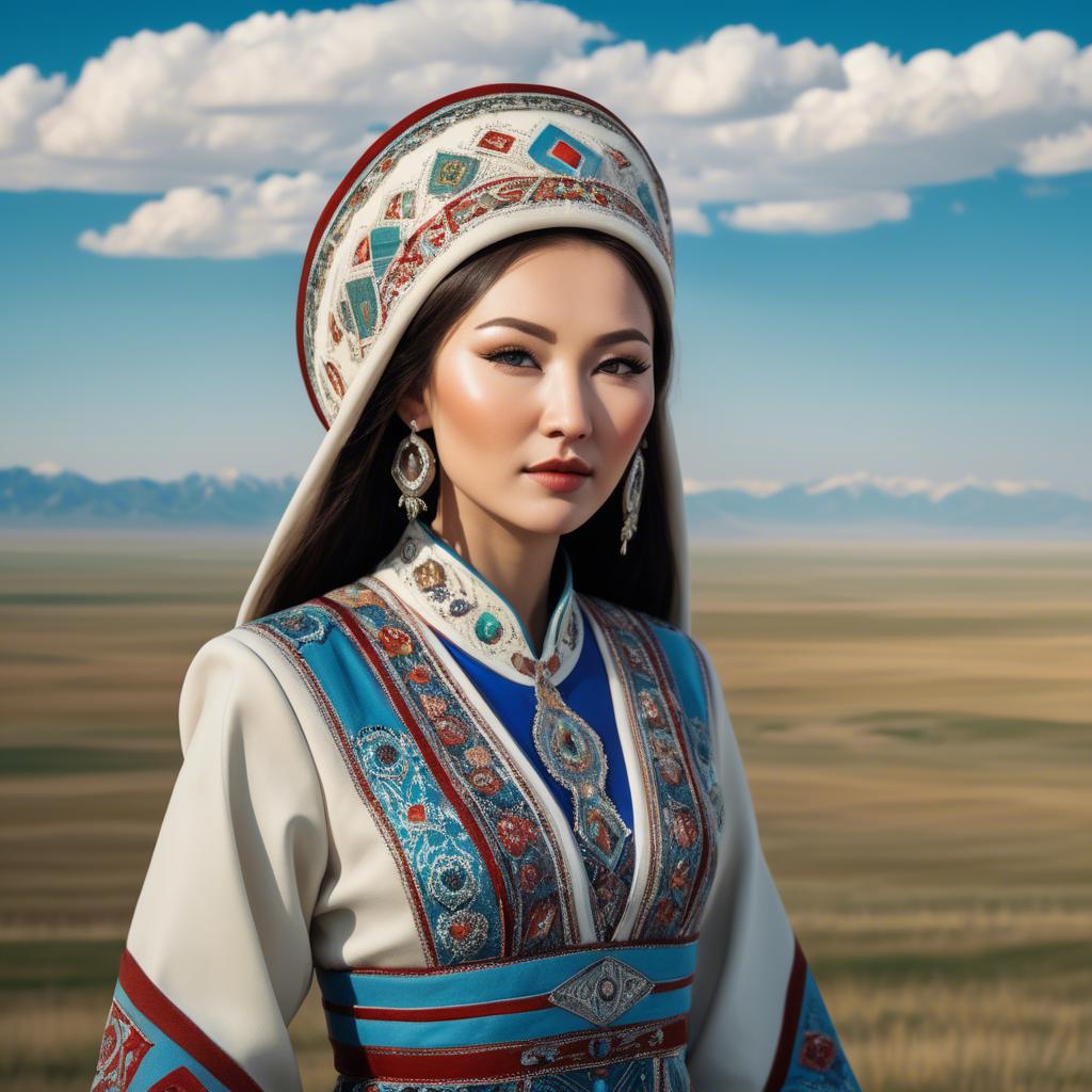 A stunning image of kazakh muse donning a modernized national dress photographed against vast steppe panoramas.