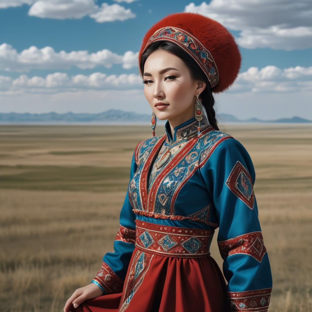 A stunning image of kazakh muse donning a modernized national dress photographed against vast steppe panoramas.
