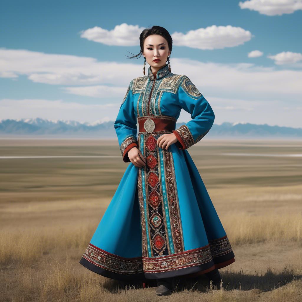 A stunning image of kazakh muse donning a modernized national dress photographed against vast steppe panoramas.