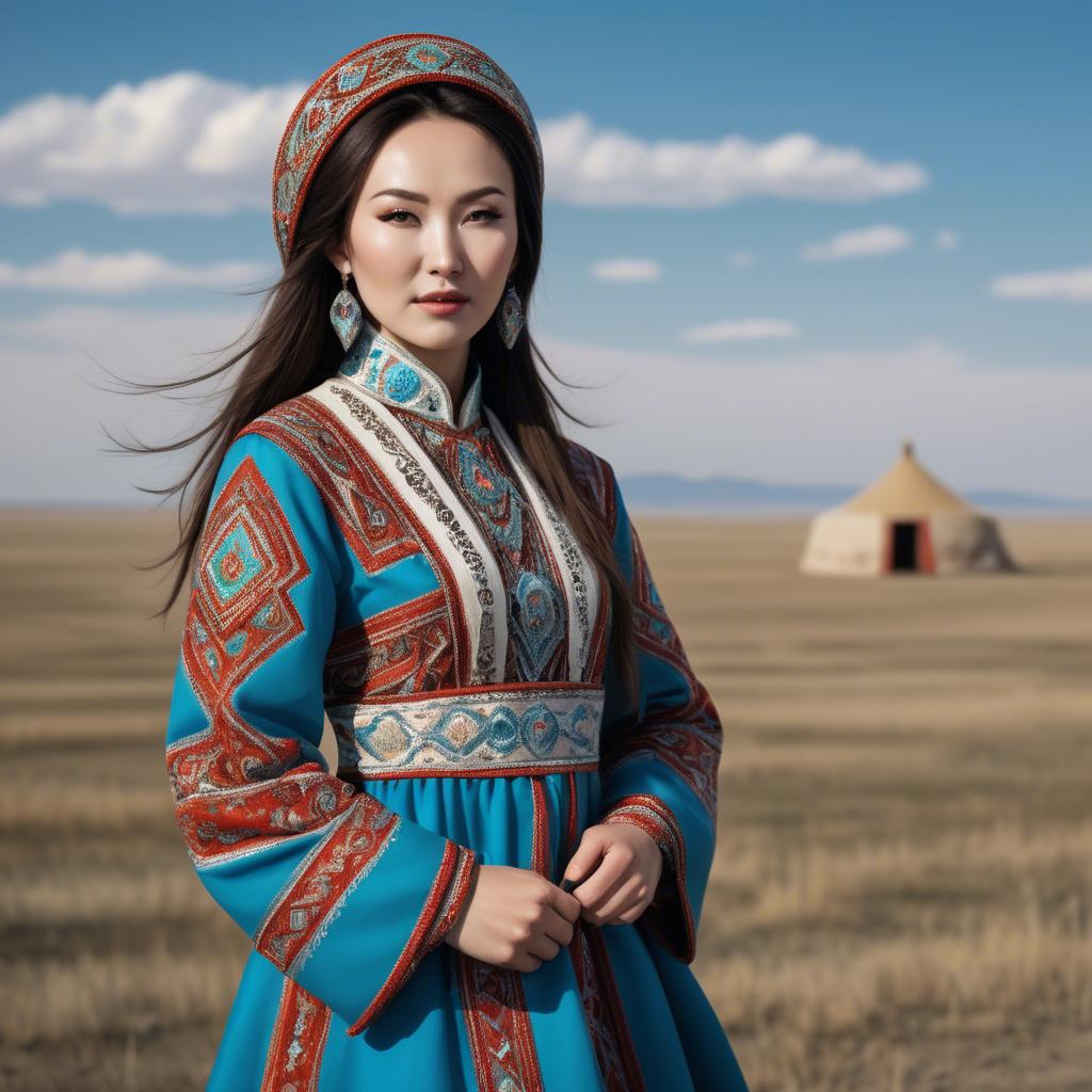A stunning image of kazakh muse donning a modernized national dress photographed against vast steppe panoramas.