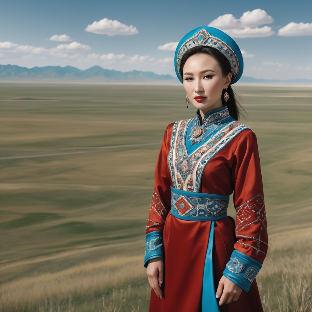 A stunning image of kazakh muse donning a modernized national dress photographed against vast steppe panoramas.
