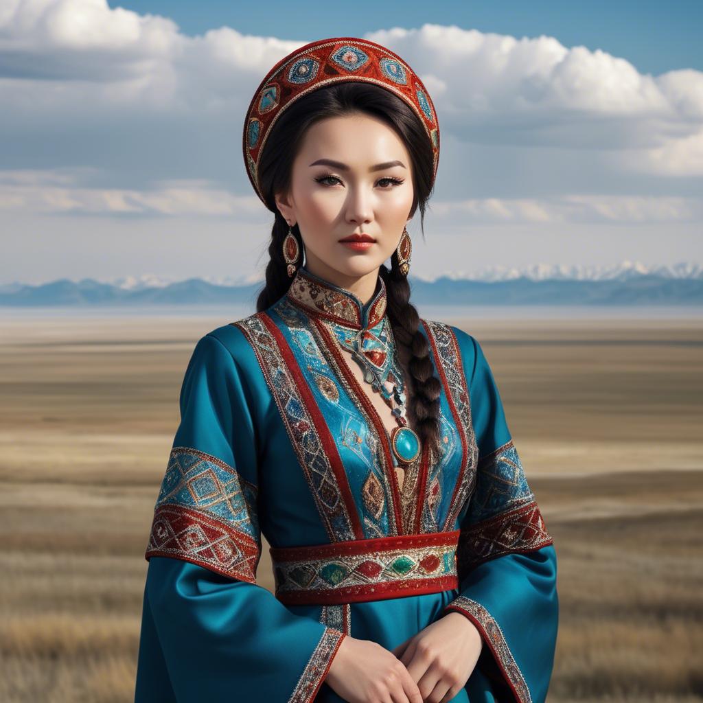 A stunning image of kazakh muse donning a modernized national dress photographed against vast steppe panoramas.
