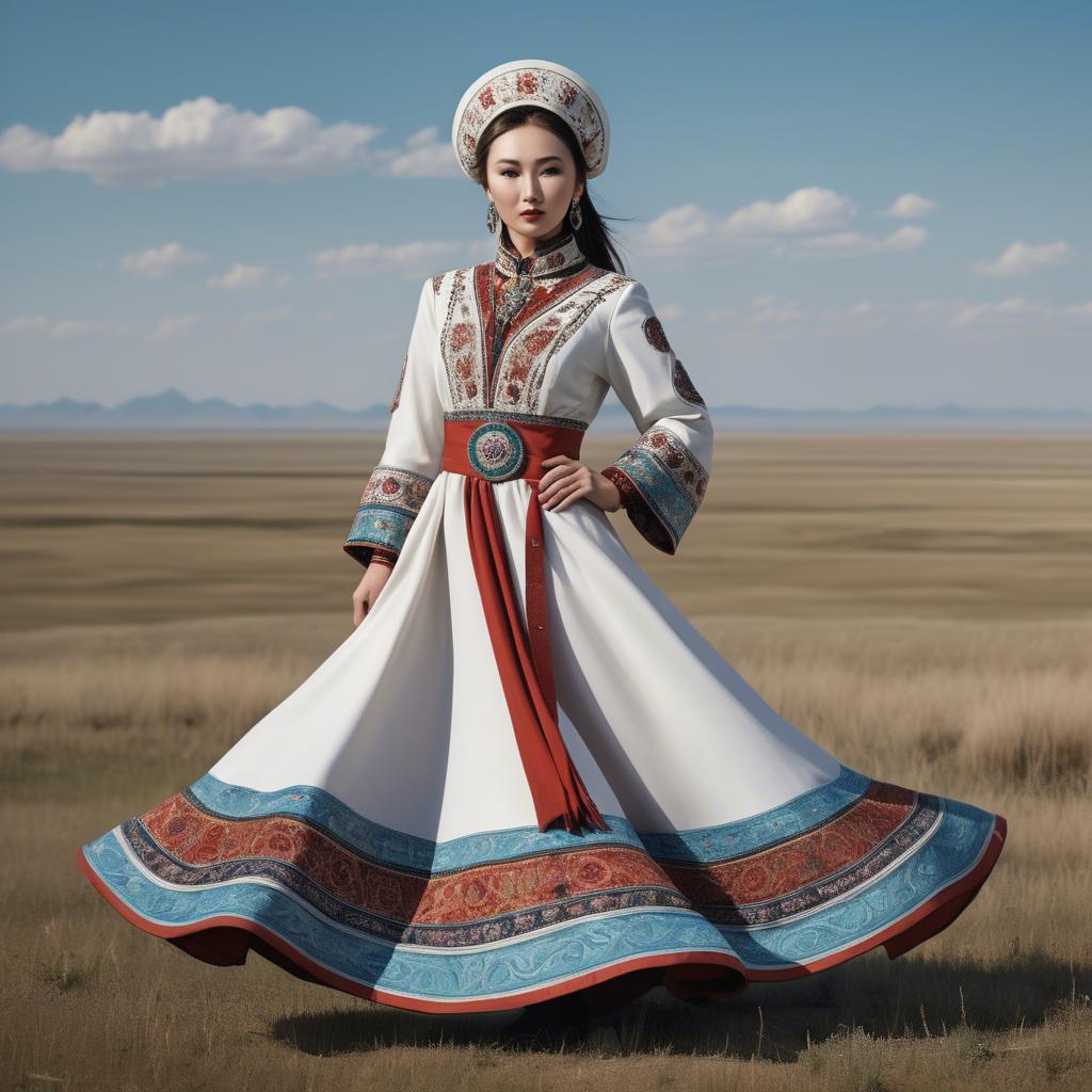 A stunning image of kazakh muse donning a modernized national dress photographed against vast steppe panoramas.