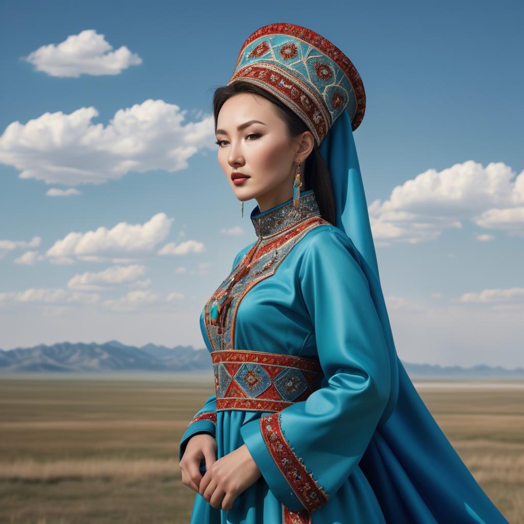 A stunning image of kazakh muse donning a modernized national dress photographed against vast steppe panoramas.