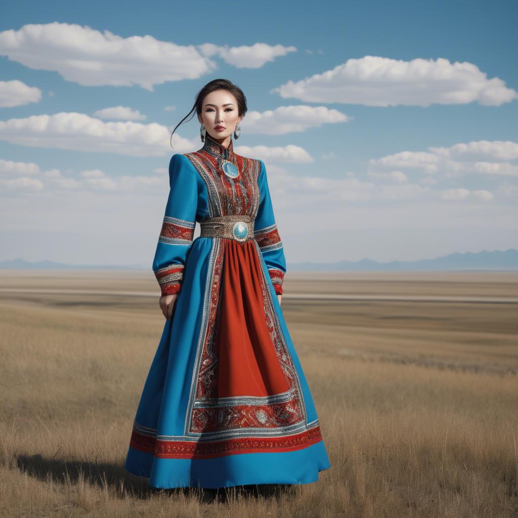 A stunning image of kazakh muse donning a modernized national dress photographed against vast steppe panoramas.