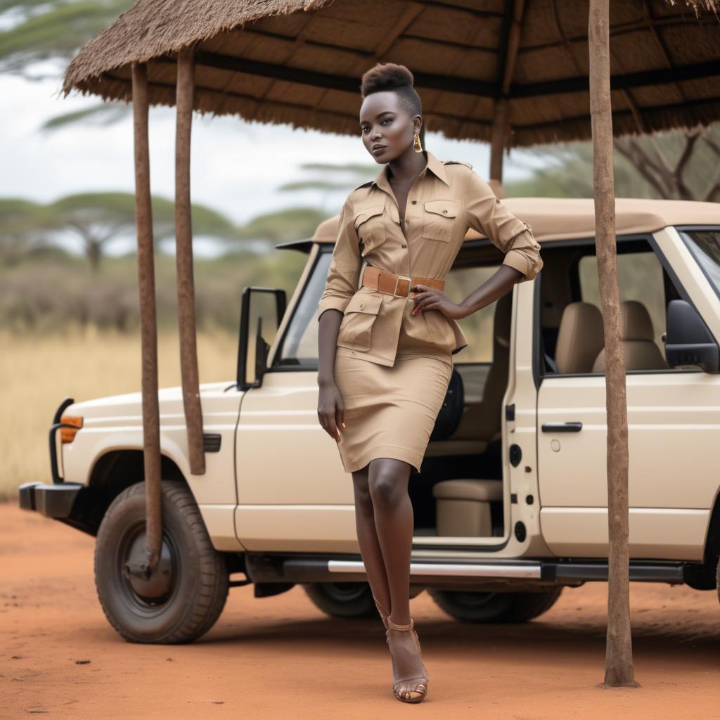 A stunning image of kenyan muse posing in a fitted safari-style outfit blending natural and fashionable elements.