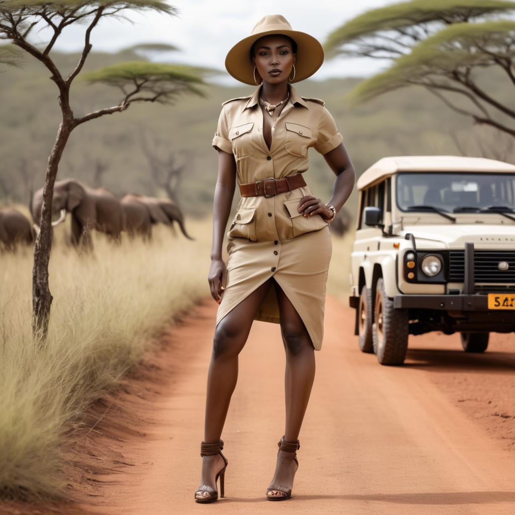 A stunning image of kenyan muse posing in a fitted safari-style outfit blending natural and fashionable elements.