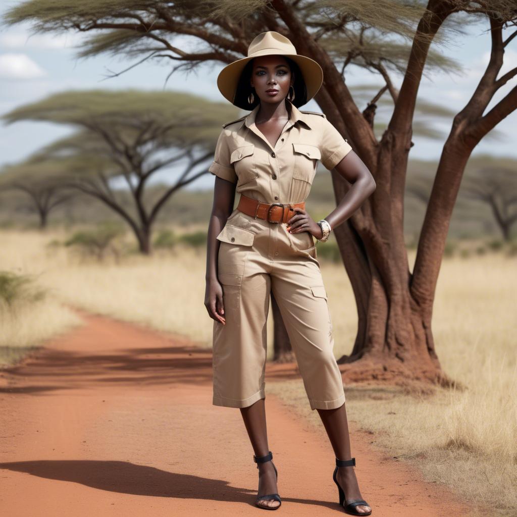 A stunning image of kenyan muse posing in a fitted safari-style outfit blending natural and fashionable elements.