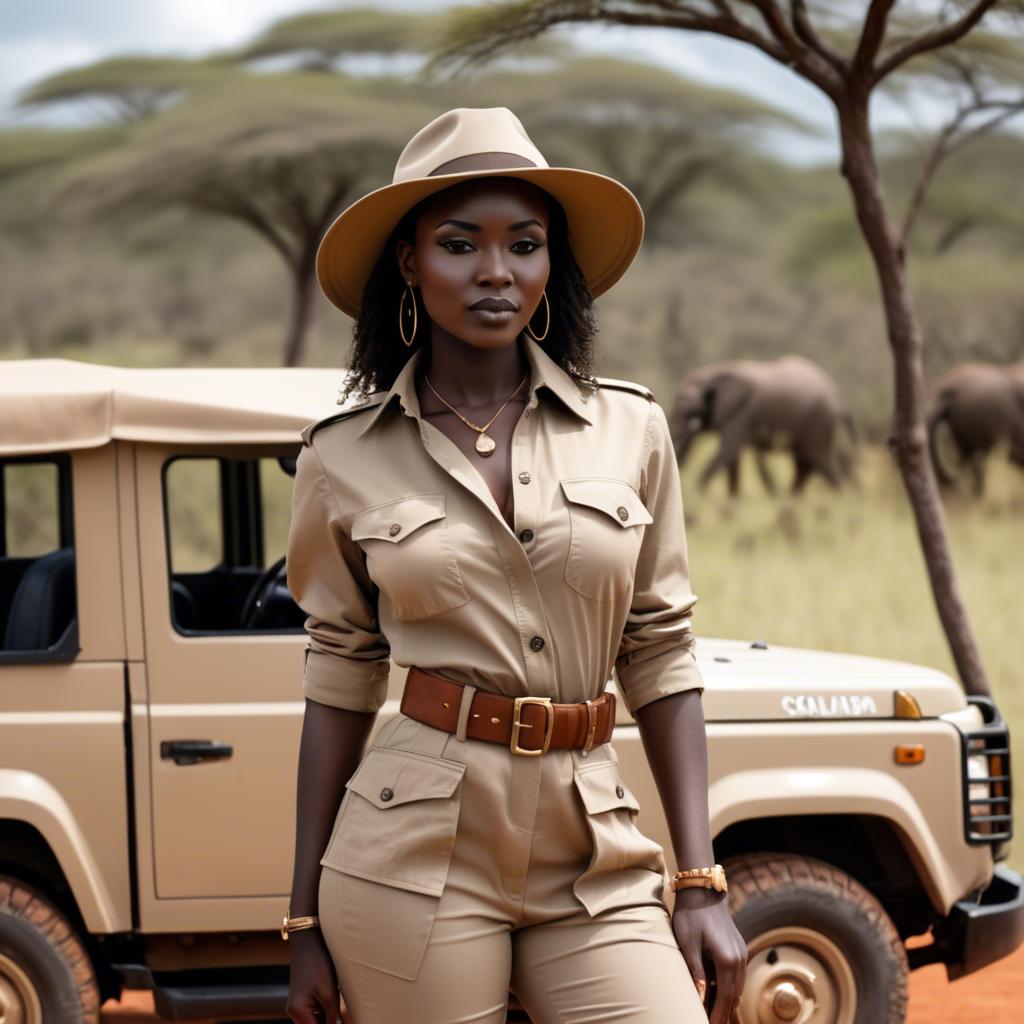 A stunning image of kenyan muse posing in a fitted safari-style outfit blending natural and fashionable elements.