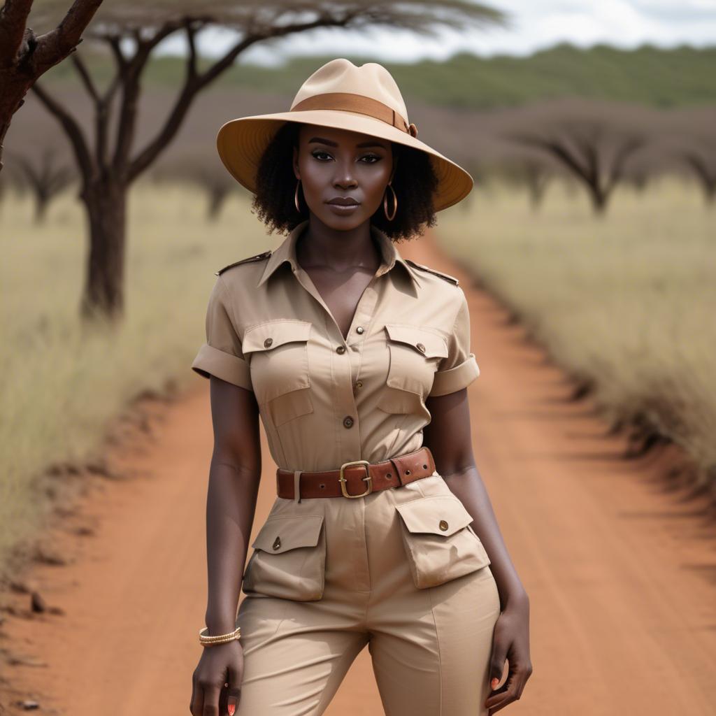 A stunning image of kenyan muse posing in a fitted safari-style outfit blending natural and fashionable elements.