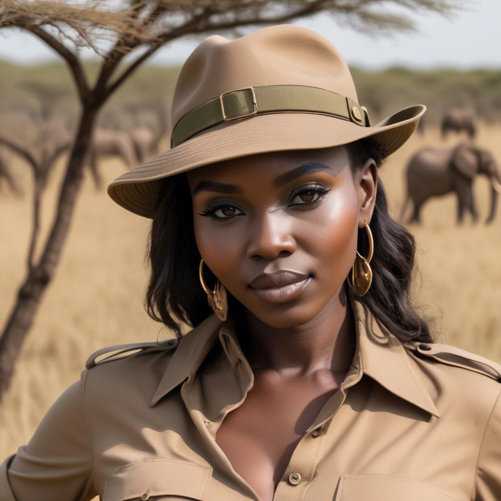 A stunning image of kenyan muse posing in a fitted safari-style outfit blending natural and fashionable elements.