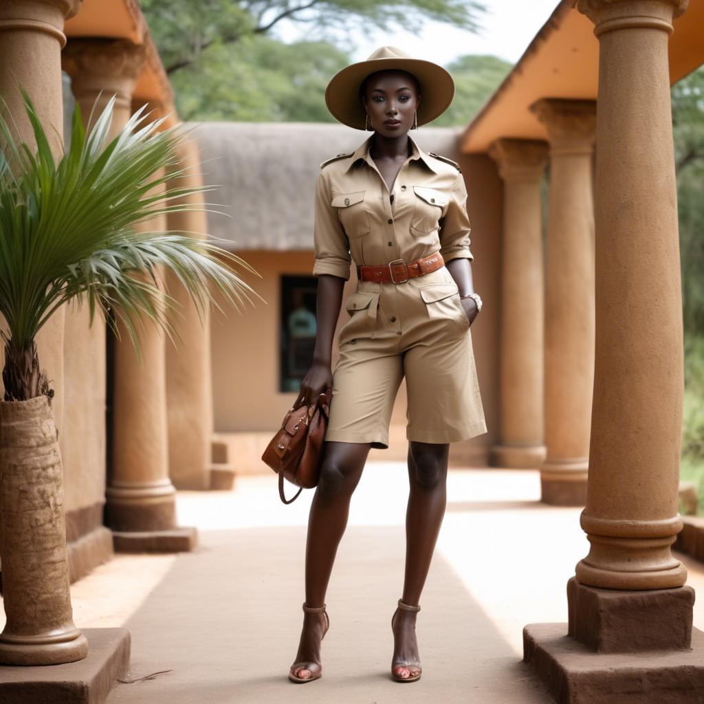A stunning image of kenyan muse posing in a fitted safari-style outfit blending natural and fashionable elements.