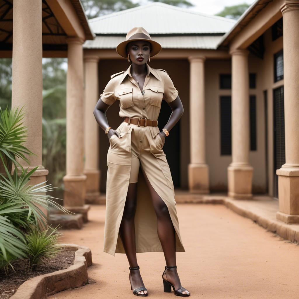 A stunning image of kenyan muse posing in a fitted safari-style outfit blending natural and fashionable elements.