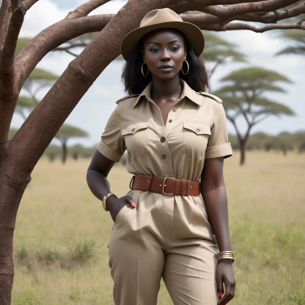 A stunning image of kenyan muse posing in a fitted safari-style outfit blending natural and fashionable elements.