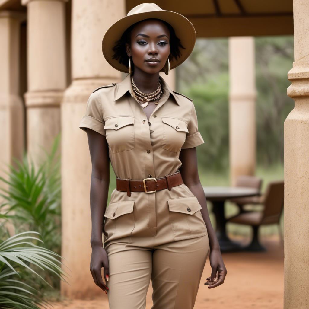A stunning image of kenyan muse posing in a fitted safari-style outfit blending natural and fashionable elements.