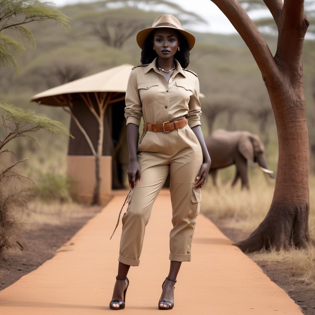 A stunning image of kenyan muse posing in a fitted safari-style outfit blending natural and fashionable elements.