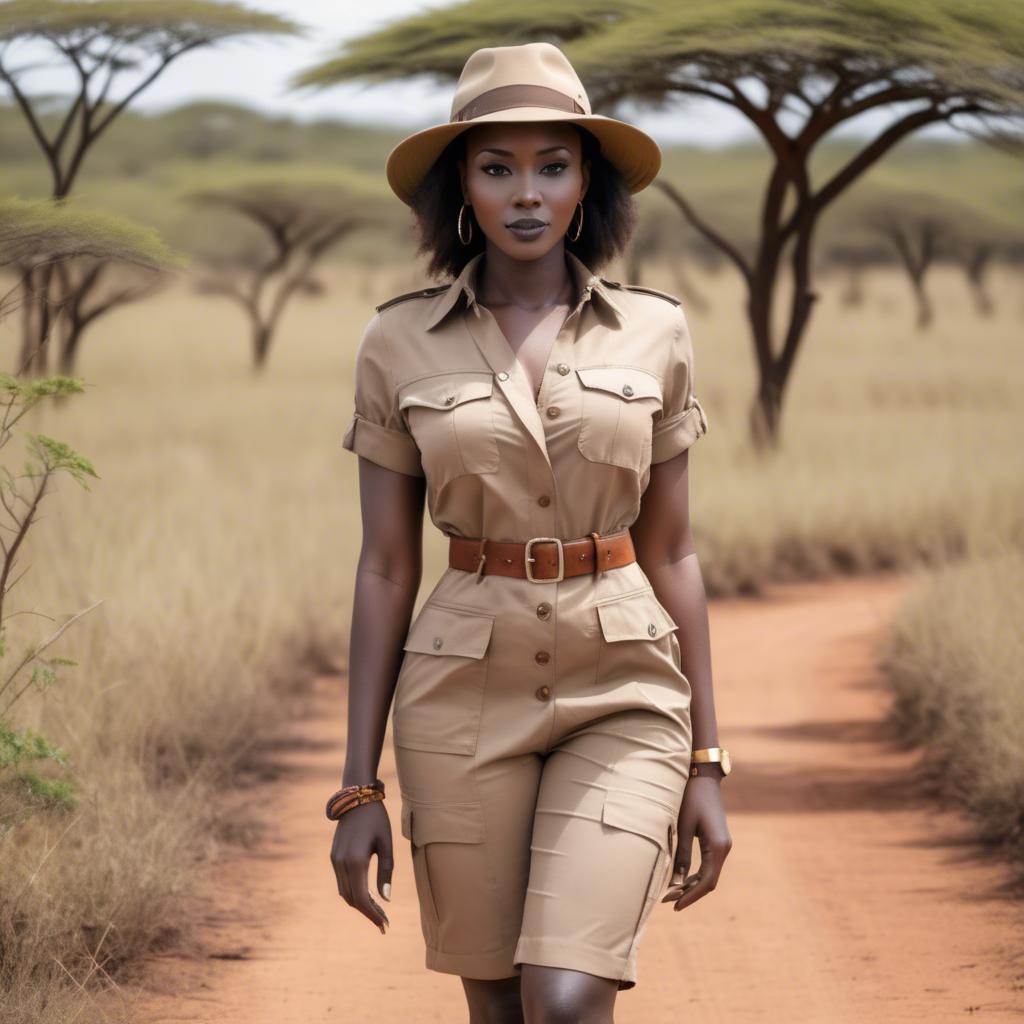 A stunning image of kenyan muse posing in a fitted safari-style outfit blending natural and fashionable elements.