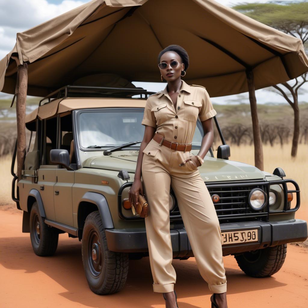 A stunning image of kenyan muse posing in a fitted safari-style outfit blending natural and fashionable elements.