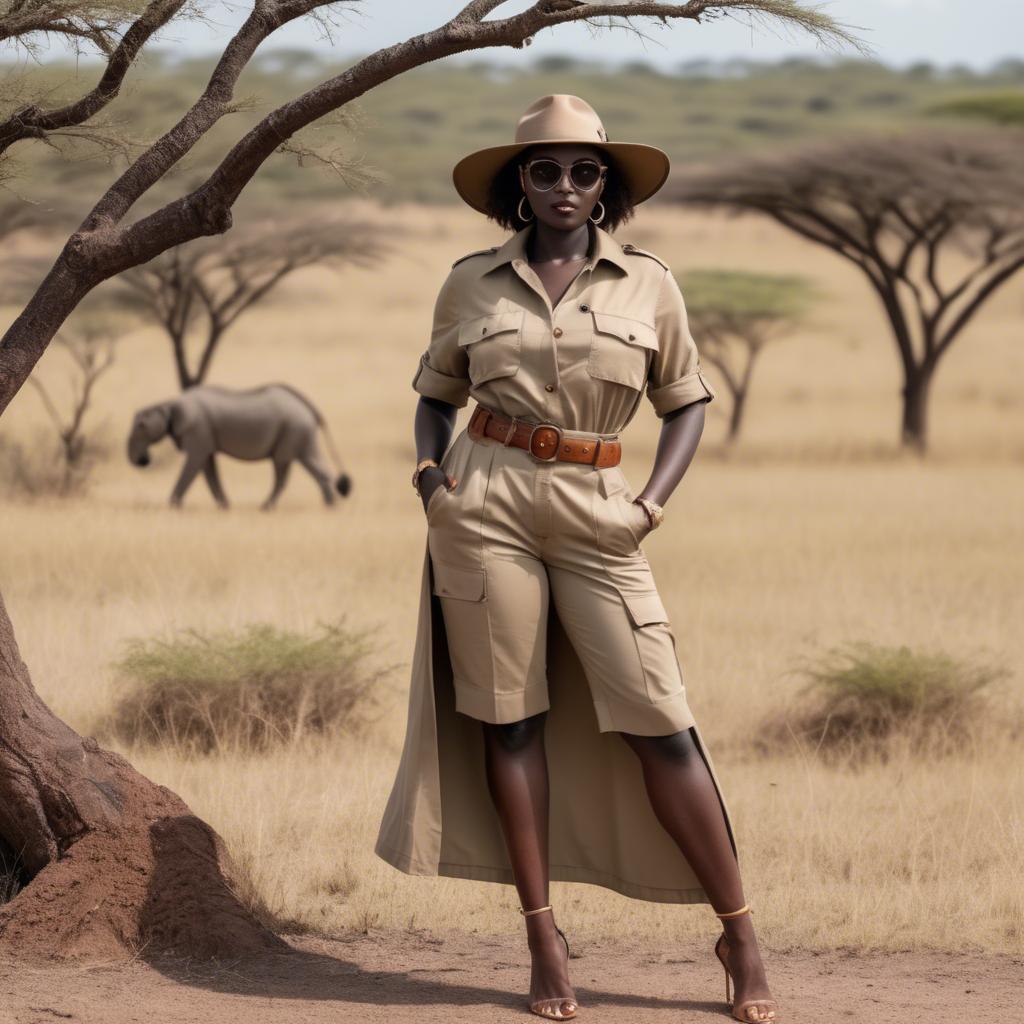 A stunning image of kenyan muse posing in a fitted safari-style outfit blending natural and fashionable elements.