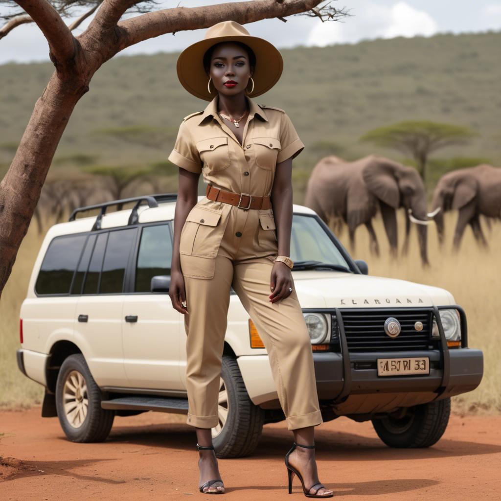 A stunning image of kenyan muse posing in a fitted safari-style outfit blending natural and fashionable elements.