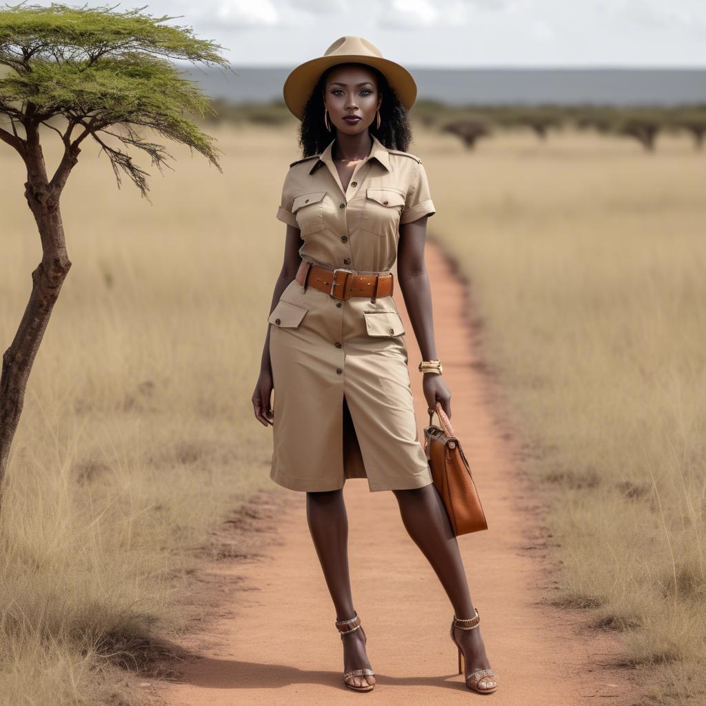 A stunning image of kenyan muse posing in a fitted safari-style outfit blending natural and fashionable elements.