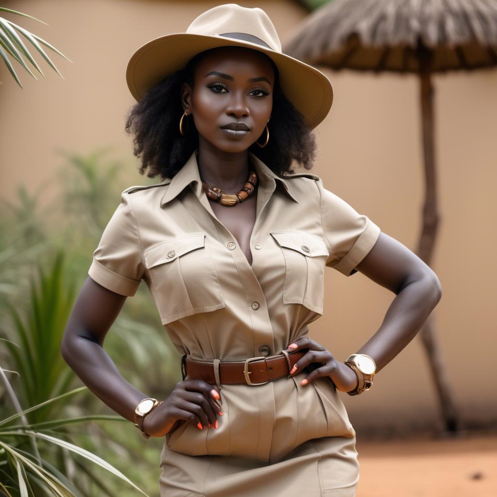 A stunning image of kenyan muse posing in a fitted safari-style outfit blending natural and fashionable elements.