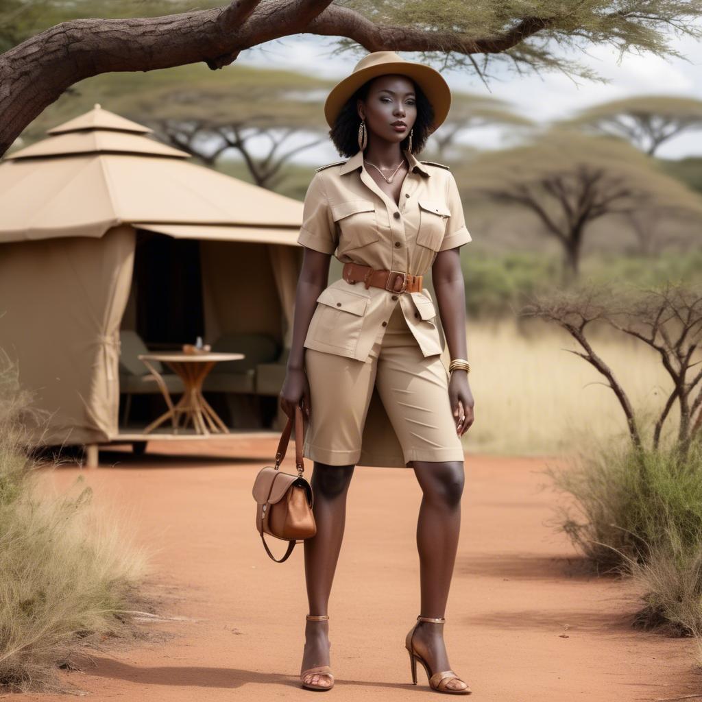 A stunning image of kenyan muse posing in a fitted safari-style outfit blending natural and fashionable elements.