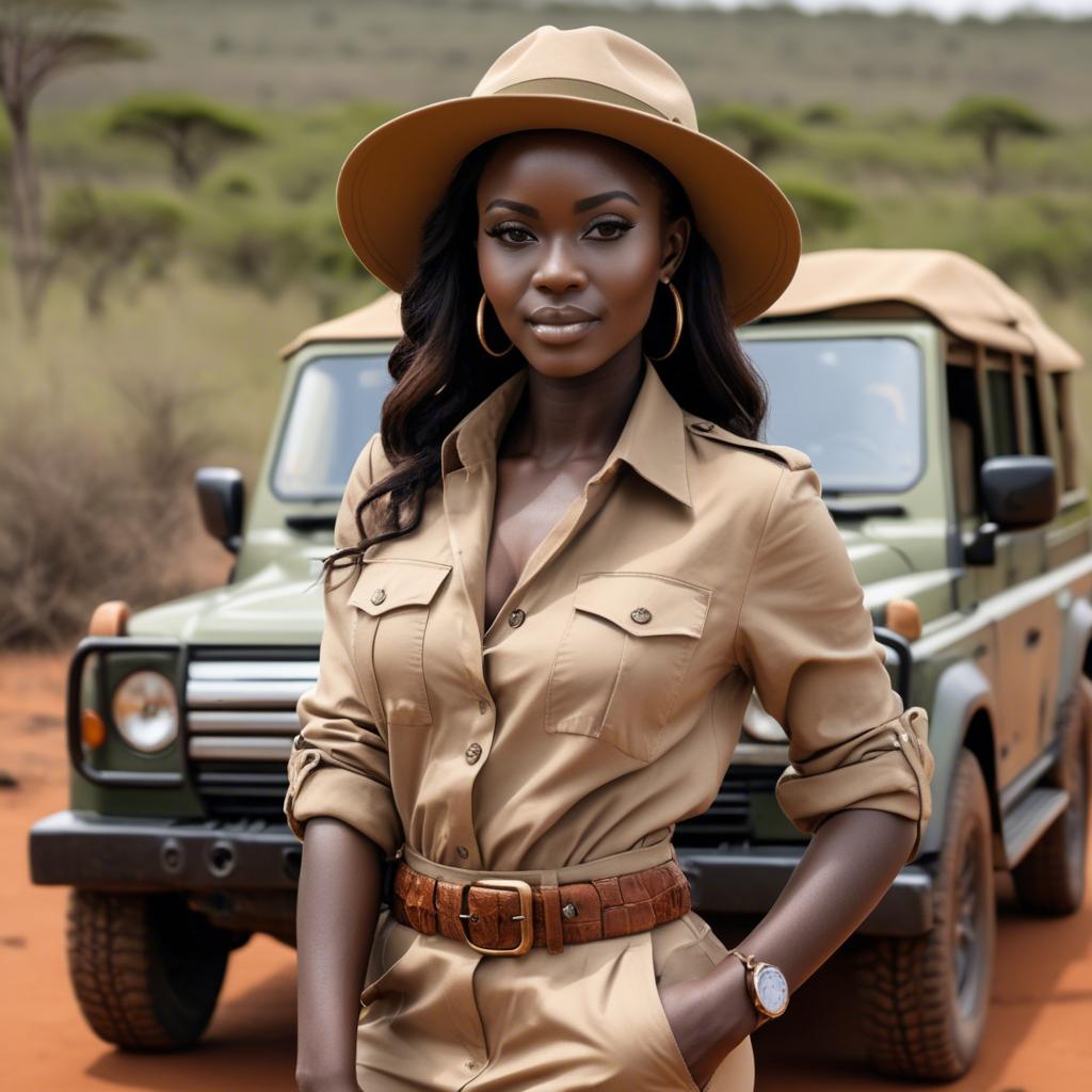 A stunning image of kenyan muse posing in a fitted safari-style outfit blending natural and fashionable elements.