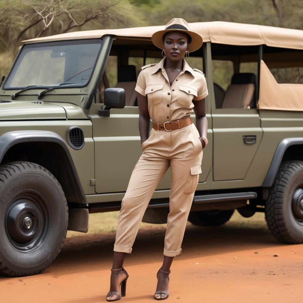 A stunning image of kenyan muse posing in a fitted safari-style outfit blending natural and fashionable elements.
