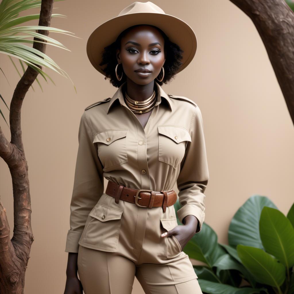 A stunning image of kenyan muse posing in a fitted safari-style outfit blending natural and fashionable elements.