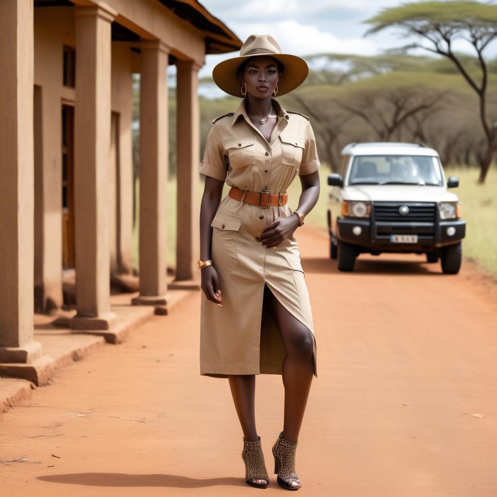 A stunning image of kenyan muse posing in a fitted safari-style outfit blending natural and fashionable elements.
