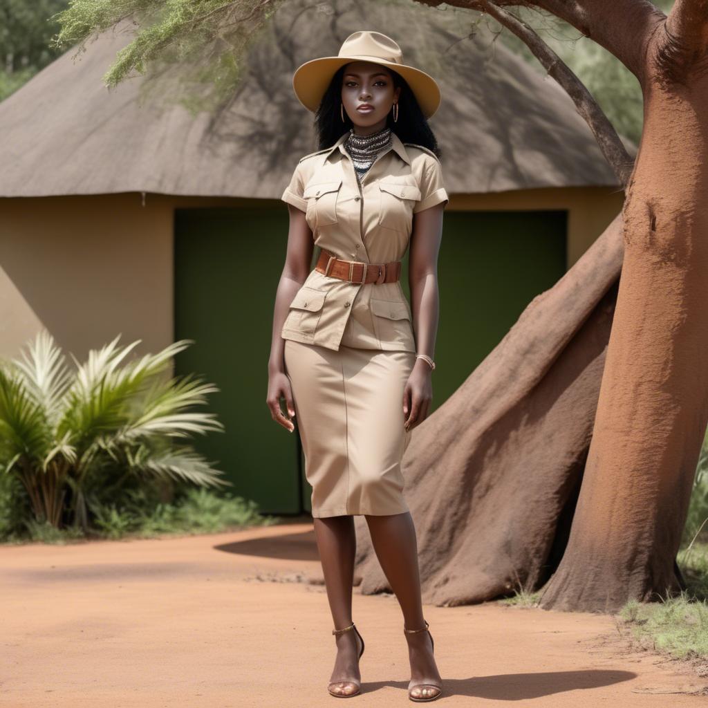 A stunning image of kenyan muse posing in a fitted safari-style outfit blending natural and fashionable elements.