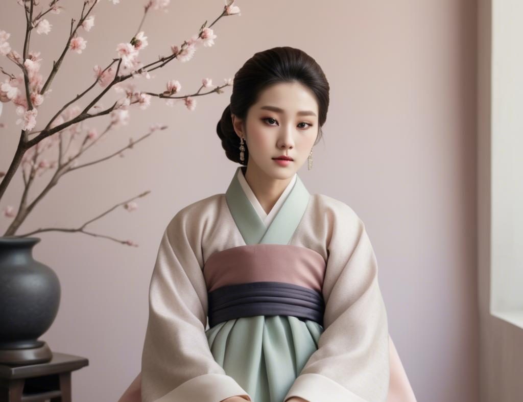 A stunning image of korean elegance in a refined hanbok-inspired outfit surrounded by pale pastel backdrops.
