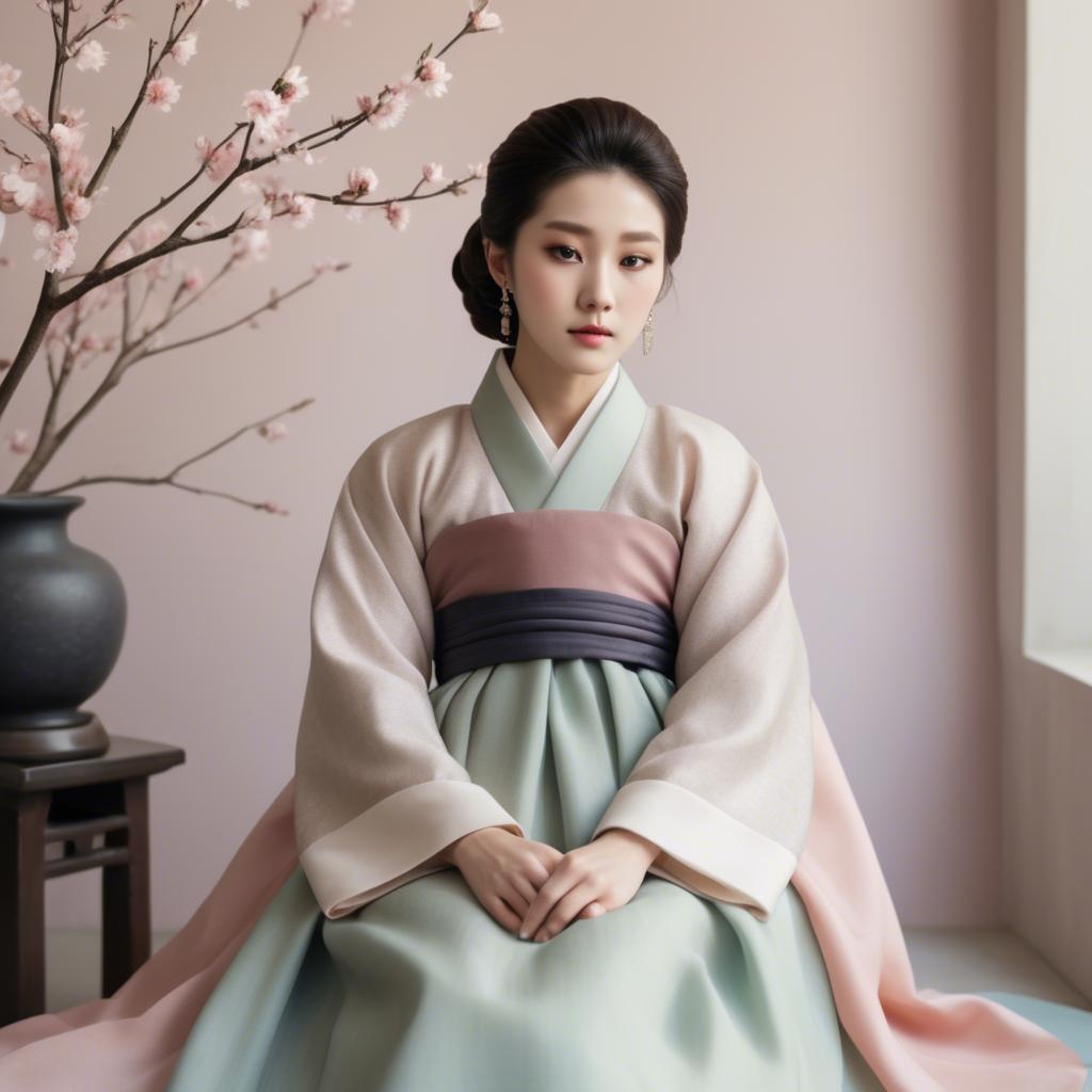 A stunning image of korean elegance in a refined hanbok-inspired outfit surrounded by pale pastel backdrops.