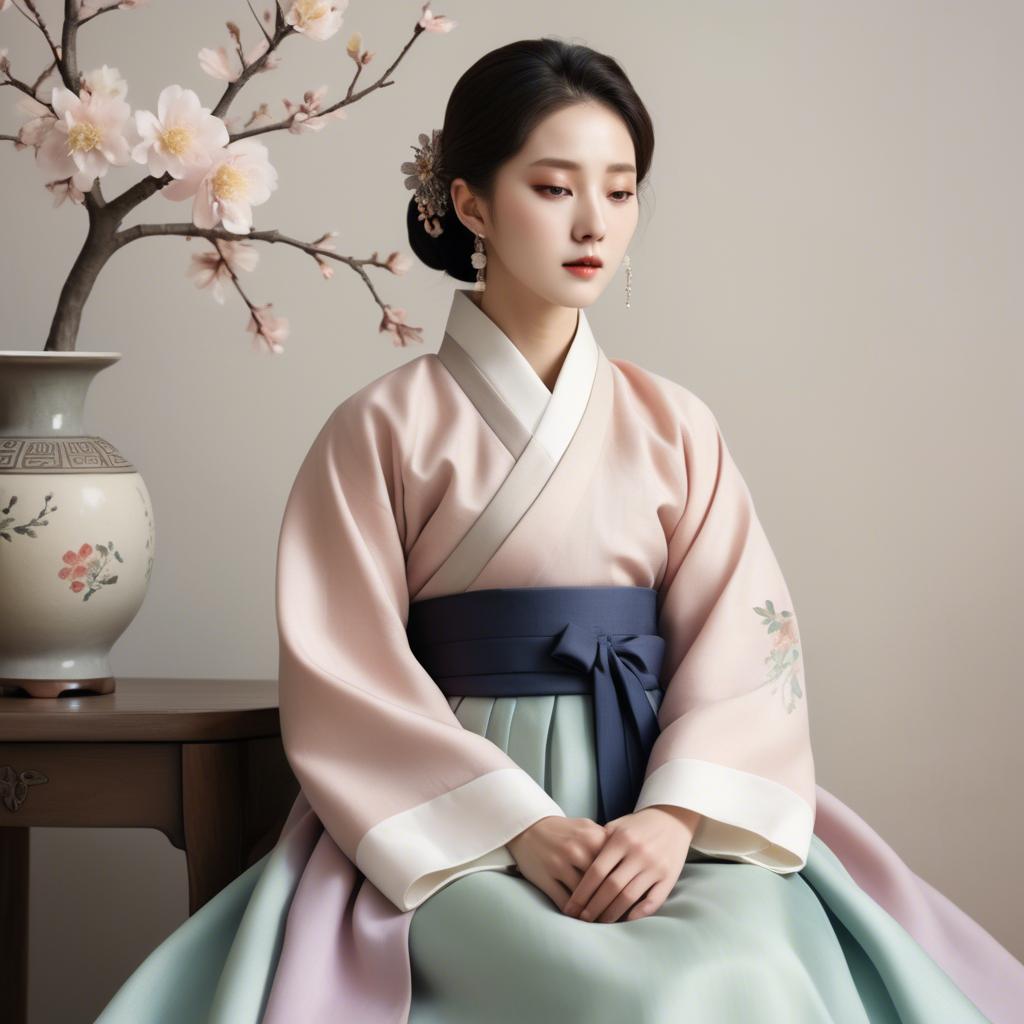 A stunning image of korean elegance in a refined hanbok-inspired outfit surrounded by pale pastel backdrops.