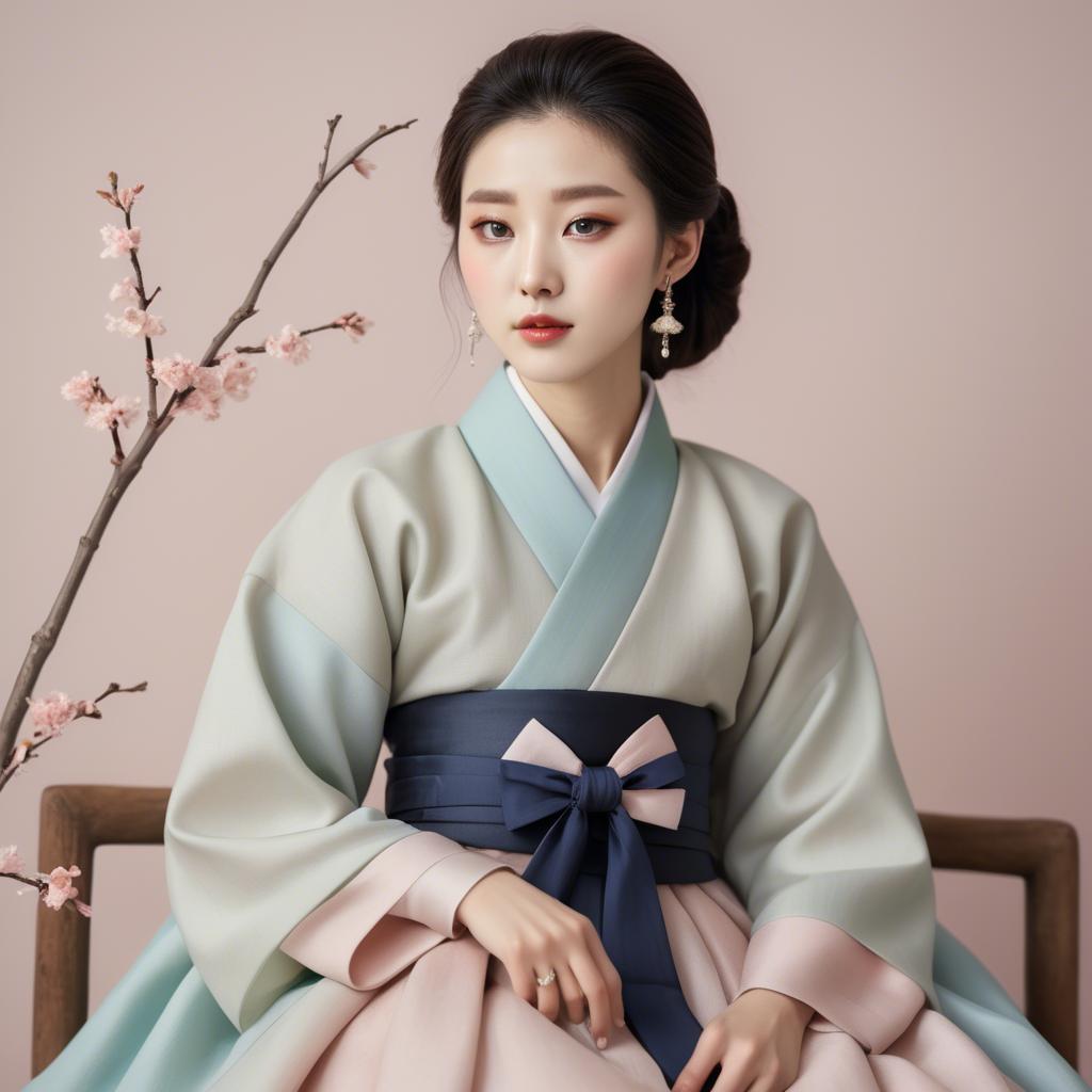 A stunning image of korean elegance in a refined hanbok-inspired outfit surrounded by pale pastel backdrops.