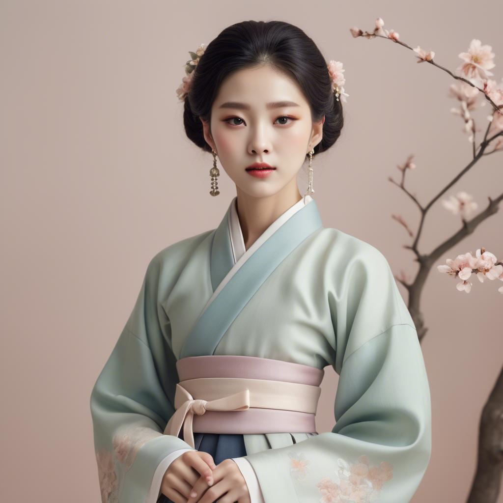 A stunning image of korean elegance in a refined hanbok-inspired outfit surrounded by pale pastel backdrops.