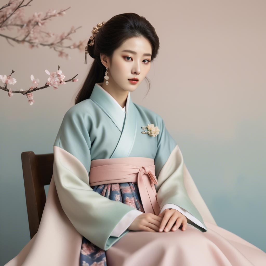 A stunning image of korean elegance in a refined hanbok-inspired outfit surrounded by pale pastel backdrops.