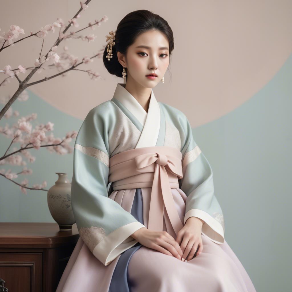 A stunning image of korean elegance in a refined hanbok-inspired outfit surrounded by pale pastel backdrops.