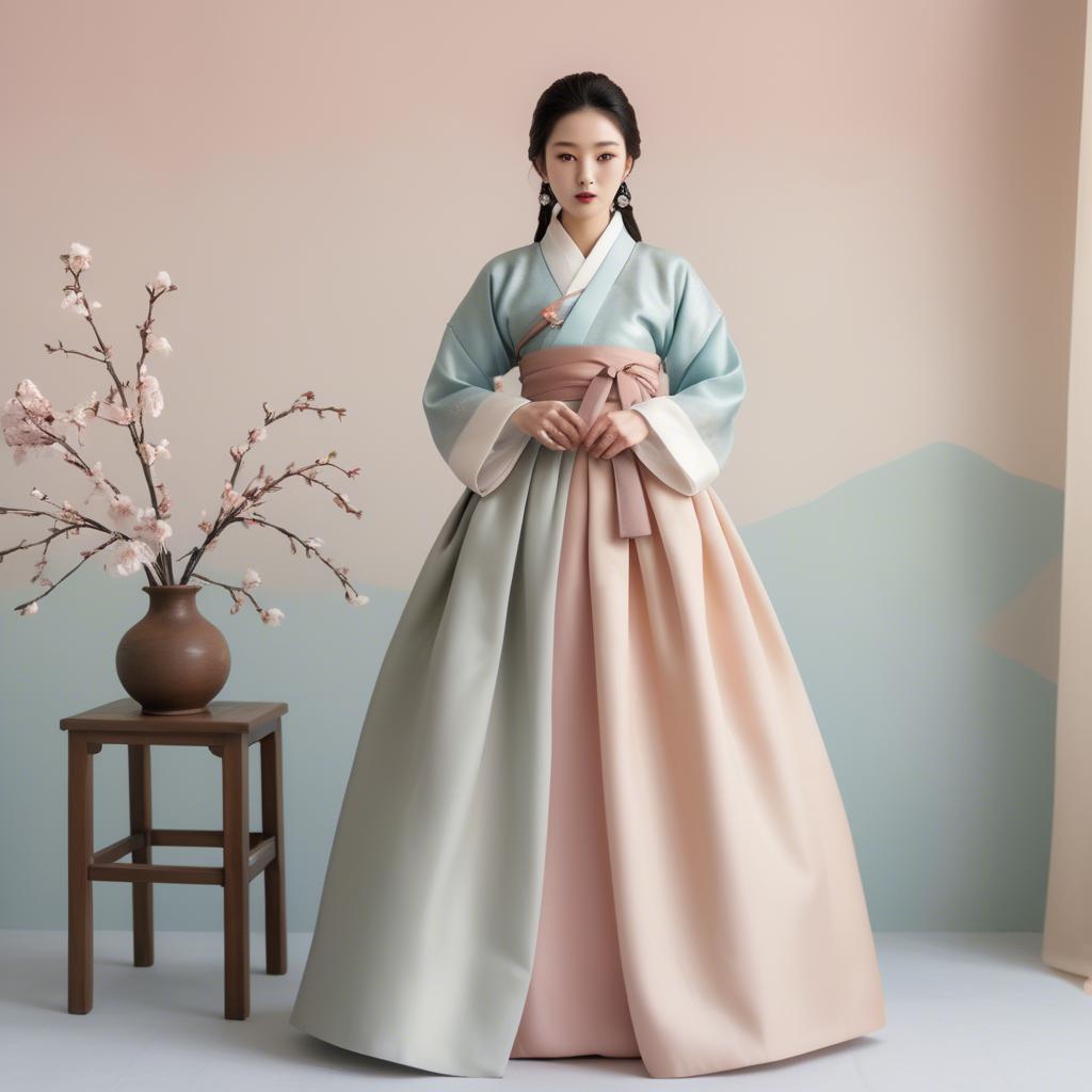 A stunning image of korean elegance in a refined hanbok-inspired outfit surrounded by pale pastel backdrops.