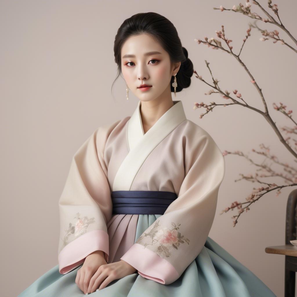 A stunning image of korean elegance in a refined hanbok-inspired outfit surrounded by pale pastel backdrops.