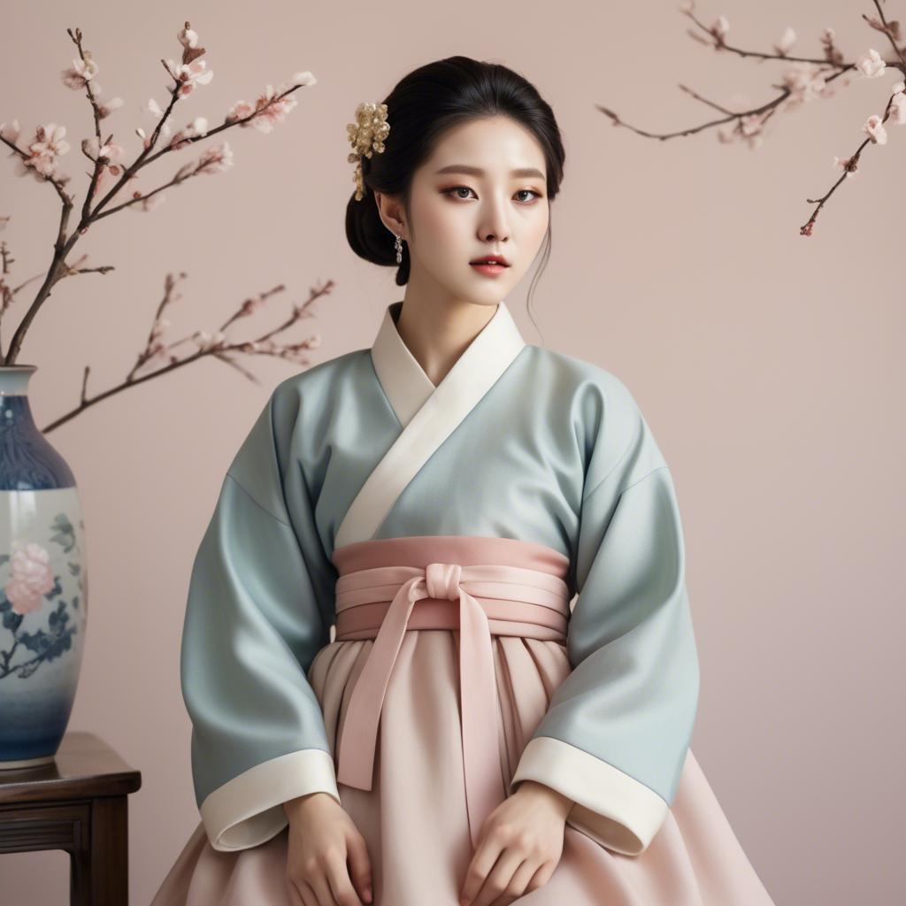 A stunning image of korean elegance in a refined hanbok-inspired outfit surrounded by pale pastel backdrops.