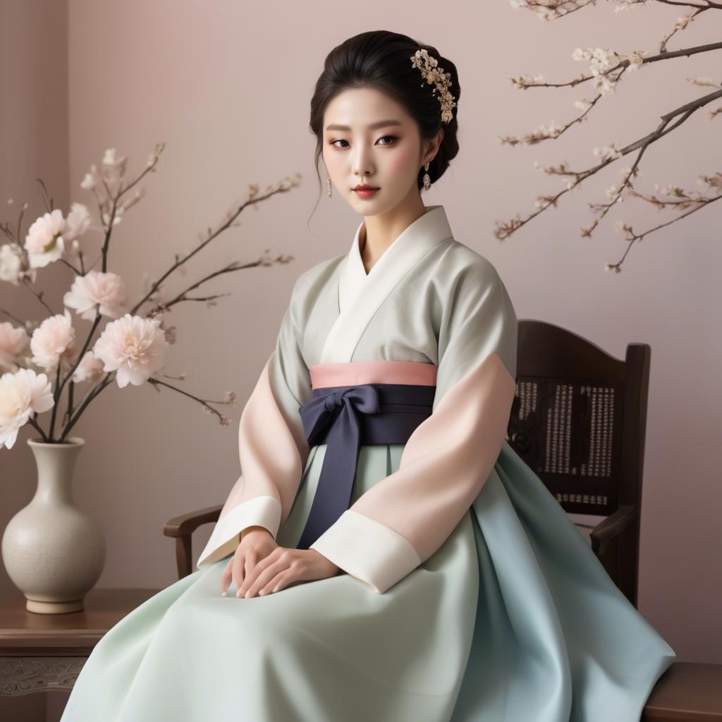 A stunning image of korean elegance in a refined hanbok-inspired outfit surrounded by pale pastel backdrops.