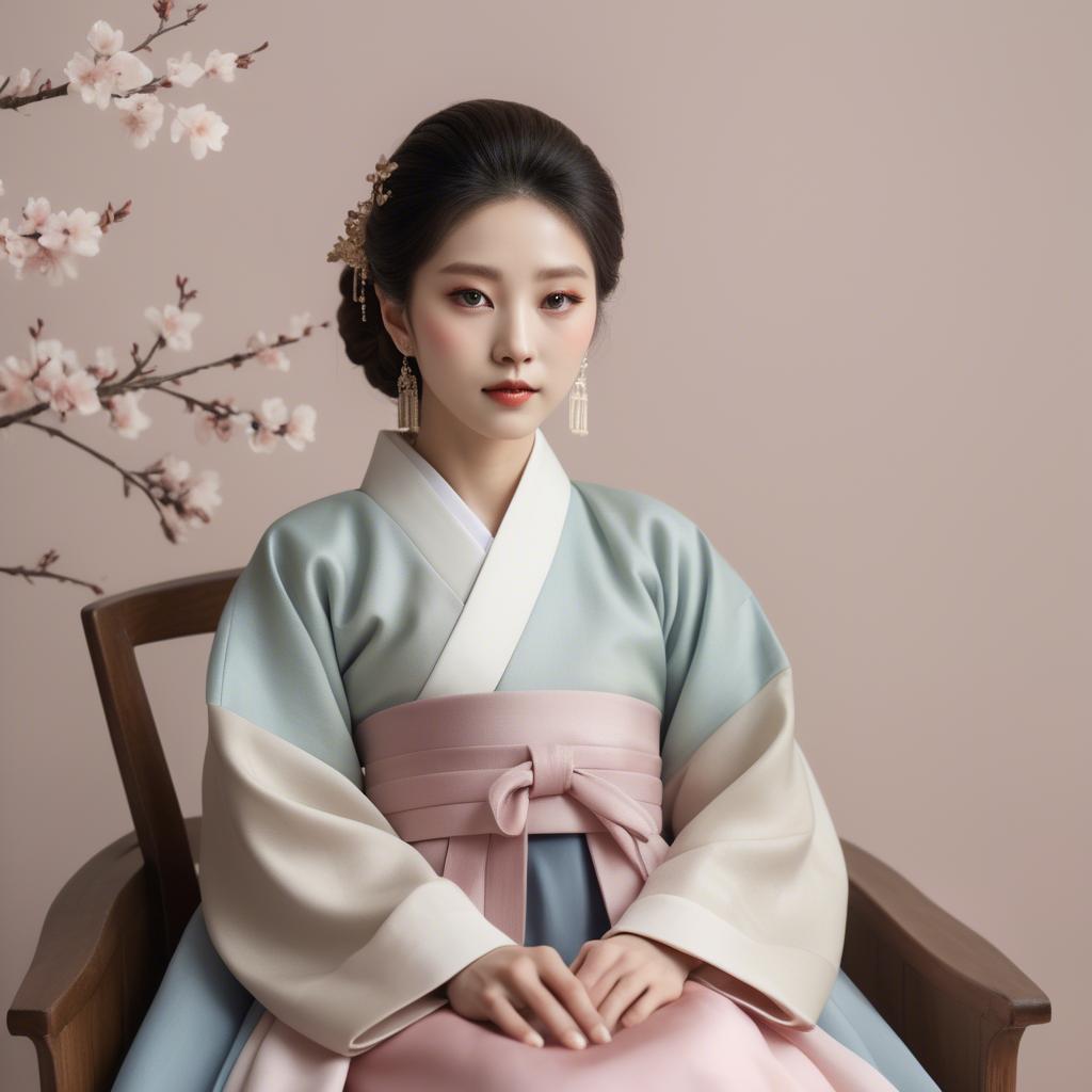 A stunning image of korean elegance in a refined hanbok-inspired outfit surrounded by pale pastel backdrops.